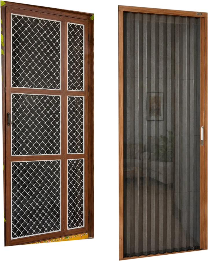 Two aluminium mesh doors, one with a diamond-pattern security mesh and one with a fine insect mesh