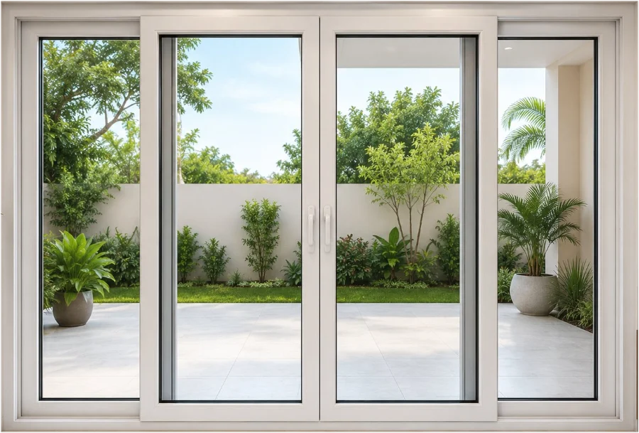 White UPVC sliding doors opening from a bright living room onto a garden patio