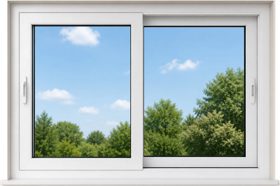 White UPVC two-track sliding window looking out at trees and sky