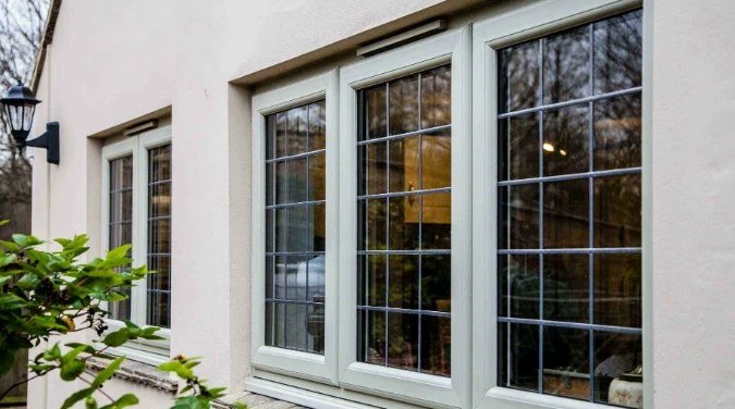 Row of light grey casement windows with decorative grid glass on a cream house