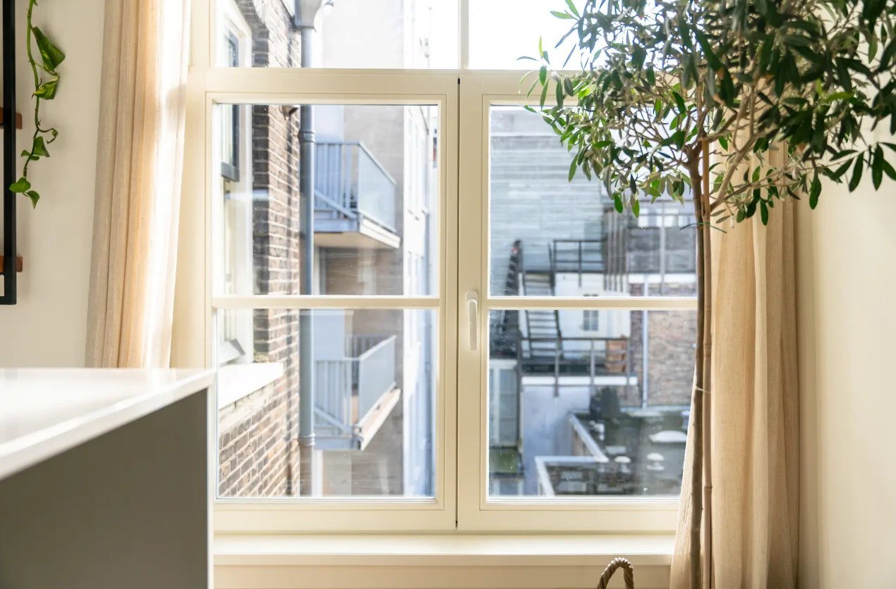 White double casement window with top lights beside a potted tree