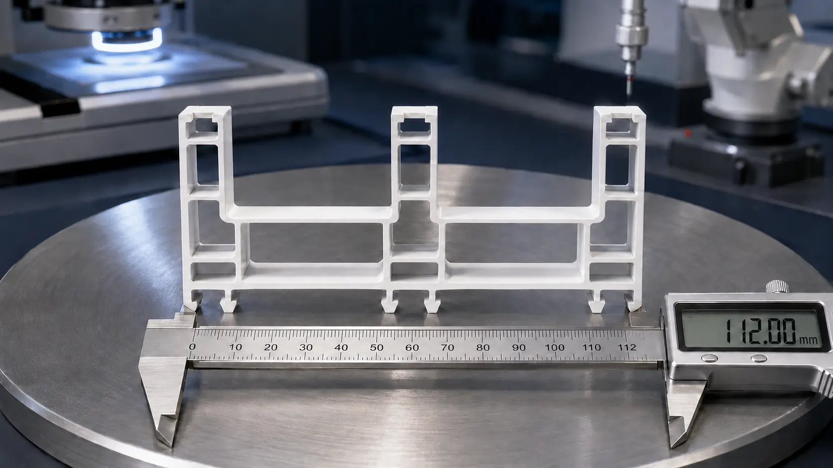 Cut section of a 112 mm white UPVC multi-track sliding frame measured with a digital caliper